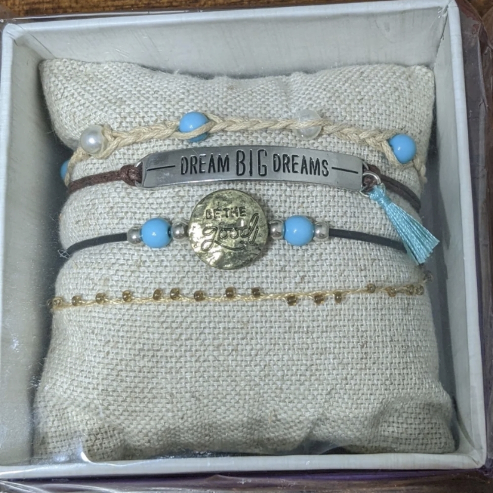 4 Piece Bracelet Set, Corded Bracelets, Stamped Metal & Beaded